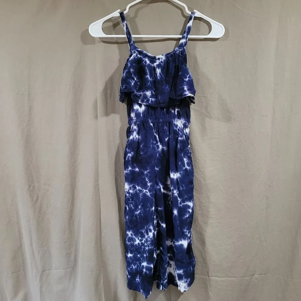 Justice Girls size small 7/8 blue tie dye Flounce Top tank capri Jumpsuit